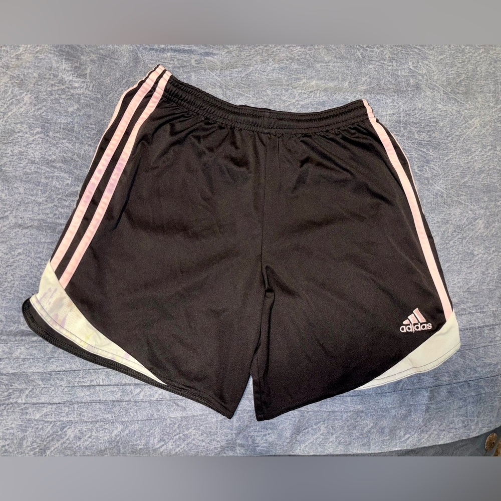 adidas Women’s Black Athletic Drawstring Shorts with Light Pink Stripes | Size S